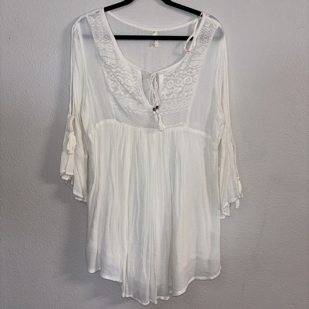 True‎ Destiny Tunic Dress Women's XL White Crochet Tie Embroidery Boho Cottage